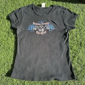 Vtg Orange County Choppers Shirt Womens XL Baby Tee Biker Flames‎ Motorcycle